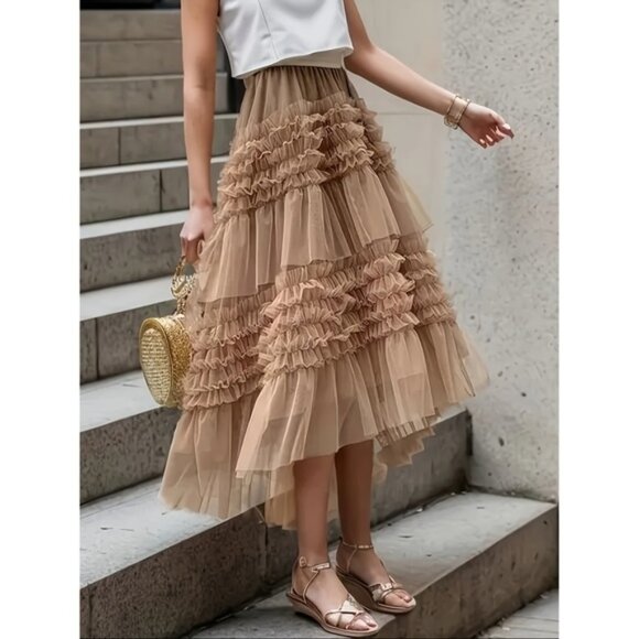[Elegant Skirt] Polyester Elegant Layered Mesh High-Low Skirt | Solid Color, Mac - Picture 1 of 5